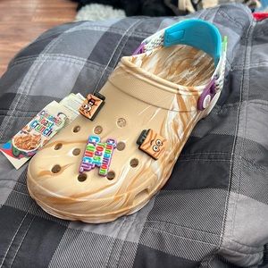 These are the crocs and Cinnamon Toast Crunch collab crocs